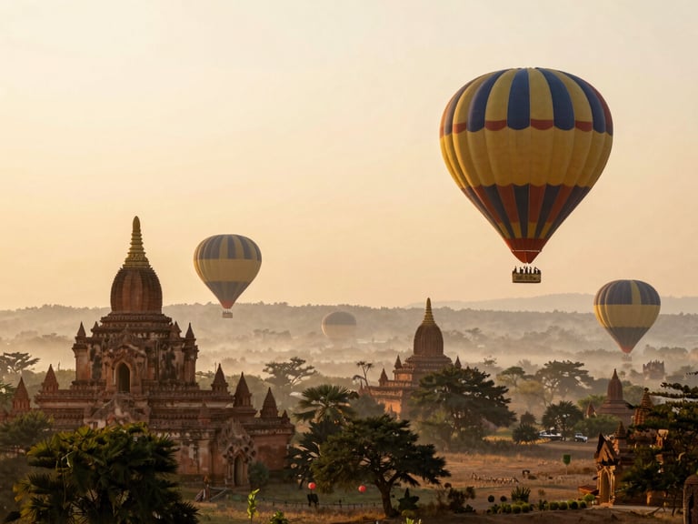 Hot air balloons rising over the ancient temples of Bagan, Myanmar, at dawn, misty landscape.