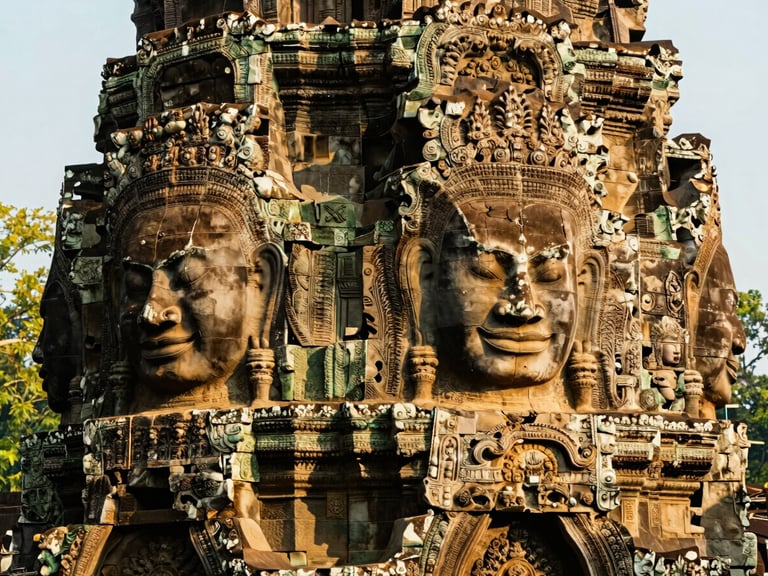 Ancient stone faces of Bayon Temple at Angkor Thom, Cambodia, bathed in golden morning light, intricate carvings.
