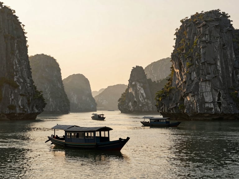 Panoramic view of limestone karsts in Halong Bay at sunrise, traditional junk boats in the foreground, soft mist.