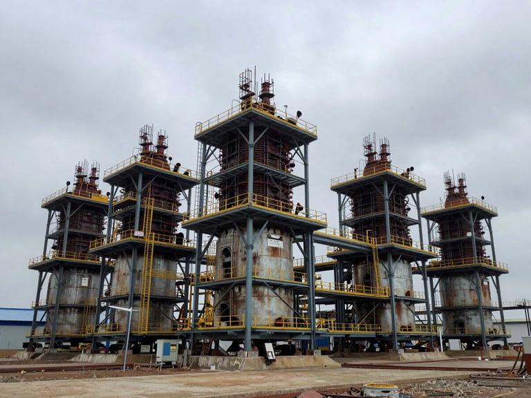 Wide environmental shot of the Tanjung Agas industrial site under overcast daylight, showing heavy infrastructure foundations and steel framing.