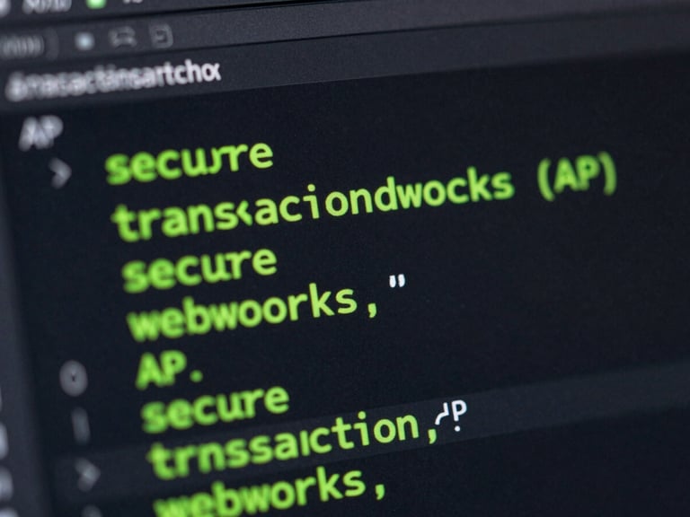 Macro close-up of clean API code snippet on a dark editor screen with glowing neon green syntax highlighting representing secure transaction webhooks.