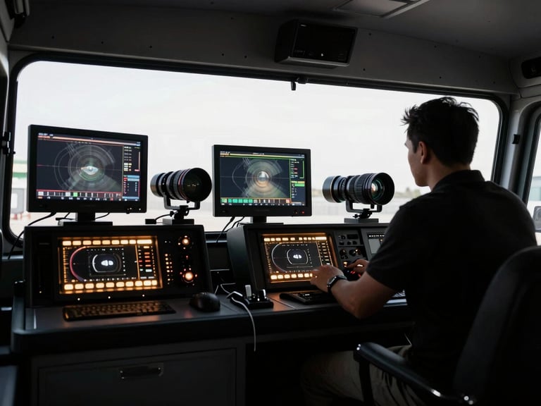 High-contrast shot inside a mobile production vehicle, glowing monitors, technical operator in silhouette, warm console lights, crisp 35mm lens