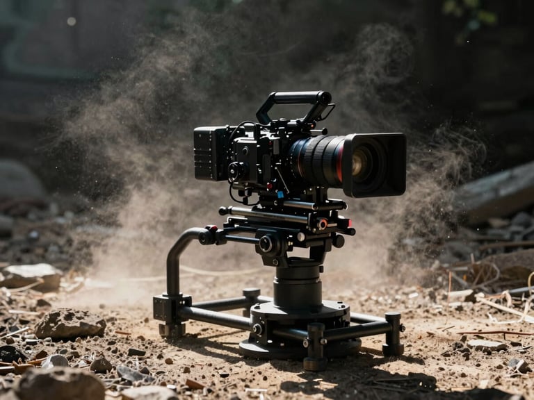 Cinematic camera rig on a heavy-duty stabilizer, dramatic high-contrast natural sunlight, dust particles in air, rugged outdoor terrain, 35mm lens