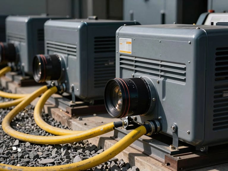 Close-up of industrial power generators and heavy yellow cables running along gravel, technical setup, crisp focus, 35mm lens