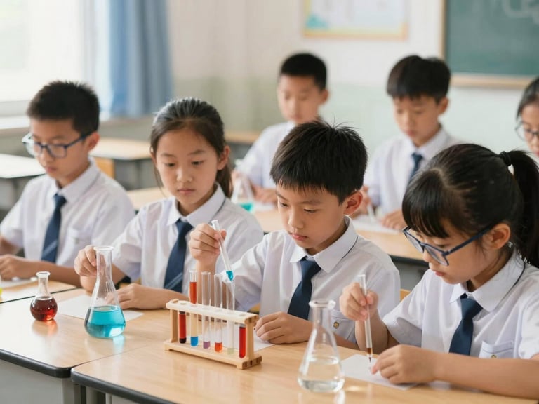 Medium shot of school children in neat uniforms actively engaged in a science experiment inside a well-lit classroom, natural daylight, focus on student