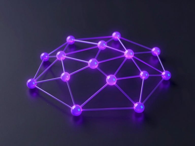 Sleek abstract 3D render of interconnected glowing violet nodes mapping a secure neural network, dark matte background