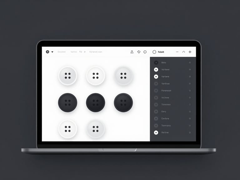 High-fidelity device mockup of a design system UI kit in Figma, showing nested button components, variant properties panel, clean digital studio lighting, subtle drop shadows, dark slate background.