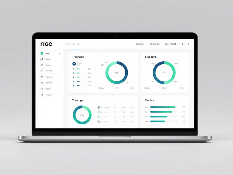 Straight-on high-fidelity mockup of a web dashboard on a modern studio background with soft diffused lighting, displaying complex data visualizations and clean slate-colored UI components.