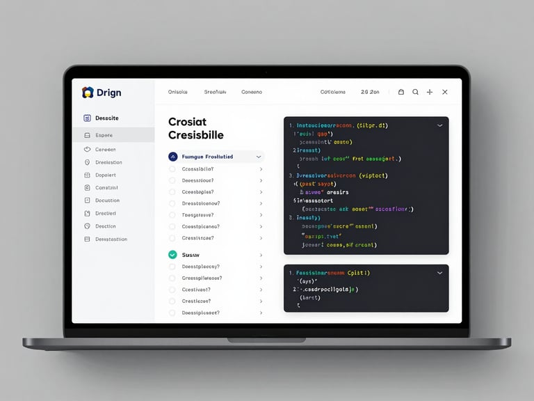 Clean digital interface of a design system documentation website, showing code snippets, accessibility guidelines checklist, soft studio lighting, subtle drop shadows.