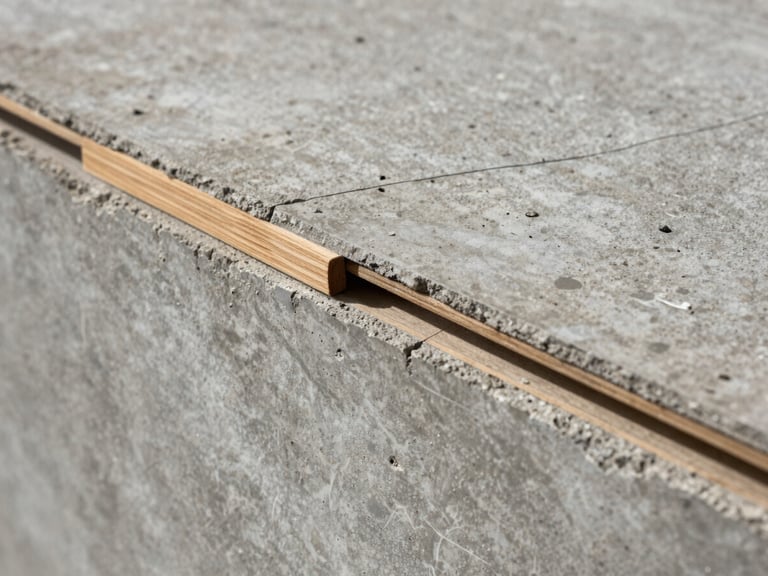 Close detalhado de transição de materiais, concreto aparente ripado encontrando painel de madeira freijó com junta de dilatação precisa de dez milímetros, iluminação natural rasante.