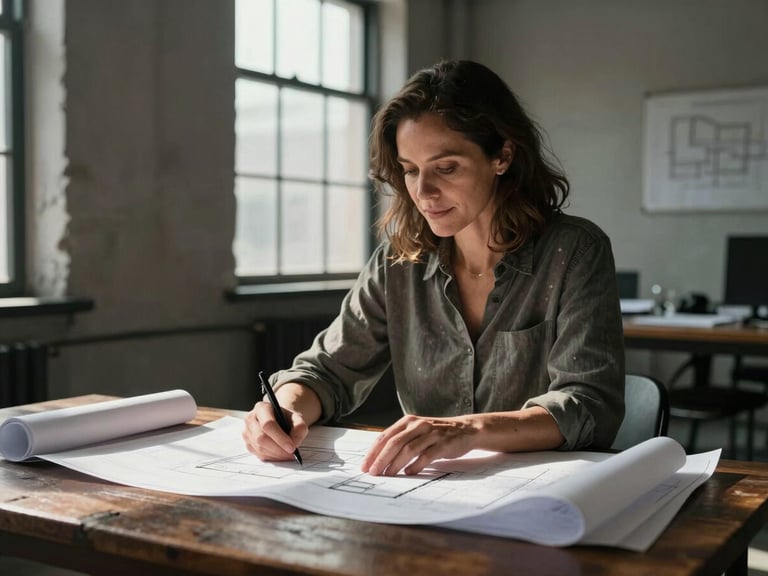 A medium environmental portrait of a focused Gen X woman in her early 50s working at a dark wooden table in a sunlit loft. She is reviewing architectural plans under high-contrast, directional late-afternoon sunlight casting rich shadows. No forced smiles, completely authentic and unposed.