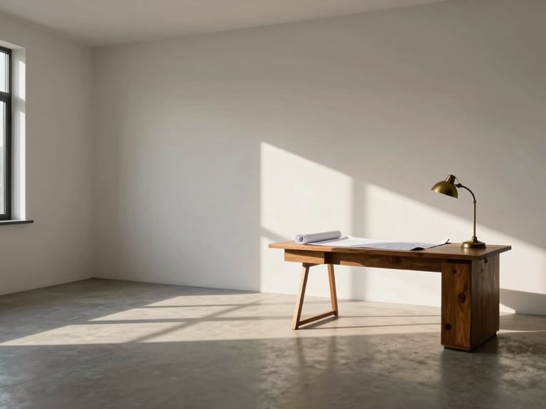 Wide landscape view of an empty, clean-lined architect's workspace with blueprints, a vintage brass lamp, and a wooden desk. Late afternoon sun casting long, dramatic shadows across the room, emphasizing space and quiet independence.