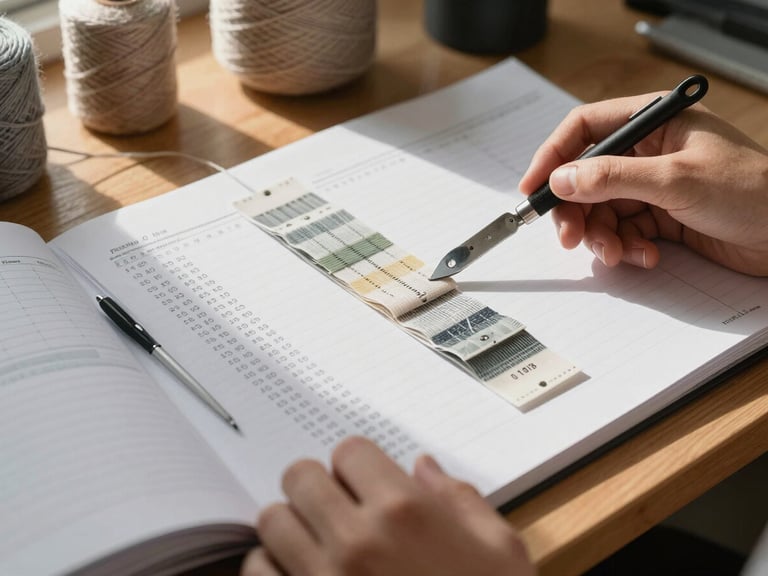 Wide environmental shot of a wooden desk with tension swatches stacked and labeled by hand, a knitting gauge tool resting on top, open notebooks with row count tallies, north-facing daylight casting soft shadows across the paper, yarn spools blurred in background