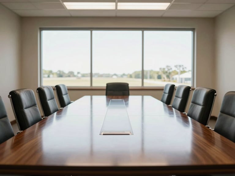 Symmetrical, wide shot of a pristine commercial boardroom on the Mississippi Gulf Coast, bright natural light reflecting off a polished wooden table, organized chairs.