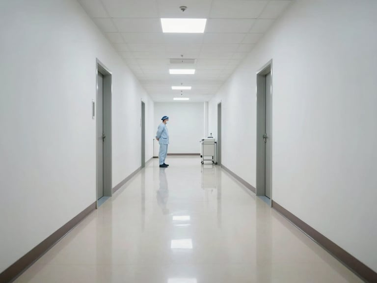 Symmetrical, bright shot of a pristine medical corridor with polished light-reflecting floors, sterile white walls, and a uniformed sanitation technician in the background.