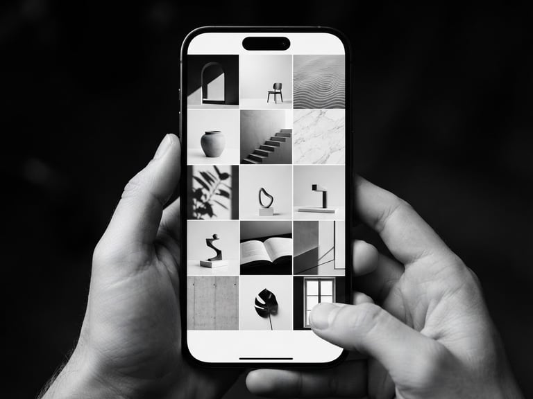 Close-up of a high-end smartphone displaying a perfectly curated minimalist Instagram feed, sharp studio lighting, high-contrast black and white, crisp focus