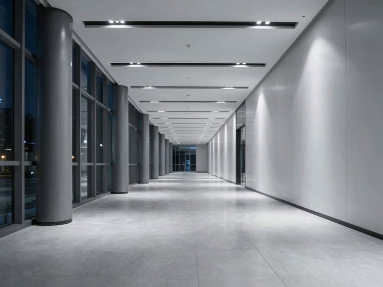 Stark wide shot of a pristine corporate corridor at night under cool artificial lighting, showcasing perfectly clean lines and reflective surfaces.