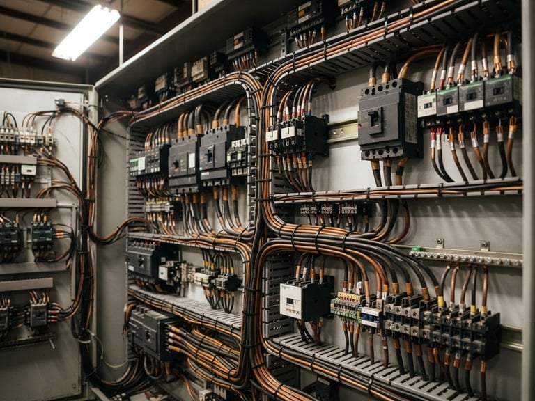 Close-up of industrial electrical panel with complex copper wiring, clean technical layout, high-contrast workshop lighting, sharp focus, 35mm lens