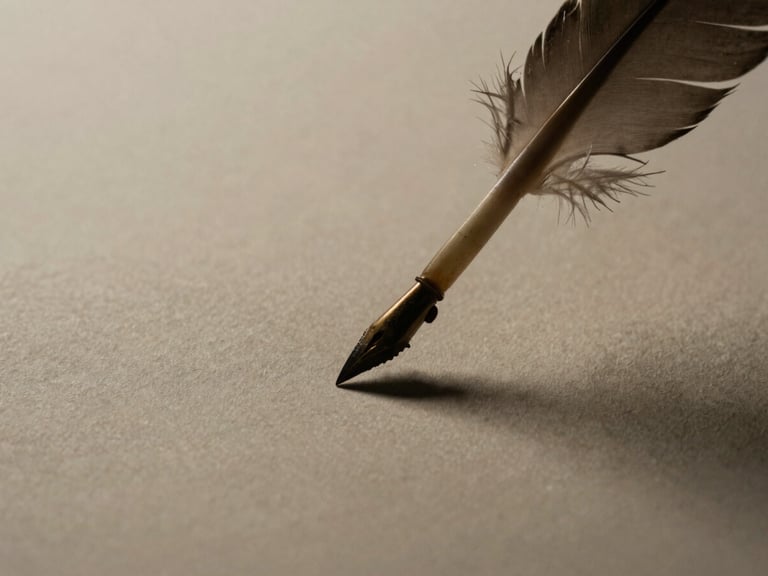 Macro shot of ink on textured paper, a feather quill gently touching the surface, soft diffused light, warm earth tones, 35mm, atmospheric editorial photography