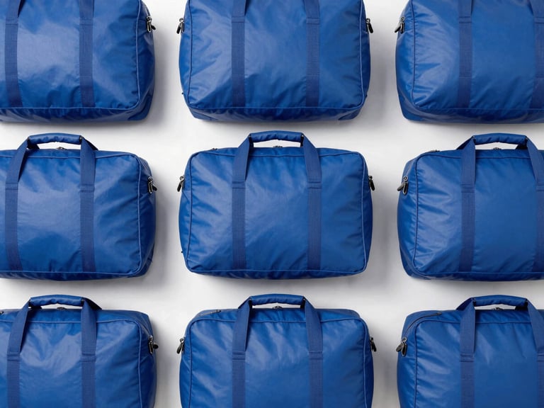 Overhead flat-lay of neatly stacked, empty royal blue security bags of various sizes, clean studio lighting.