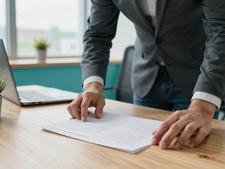 Modern bright workspace in Ontario, clean corporate teal and charcoal tones, daylight, close-up of hands organizing plans on a wooden desk, 35mm lens, sharp focus