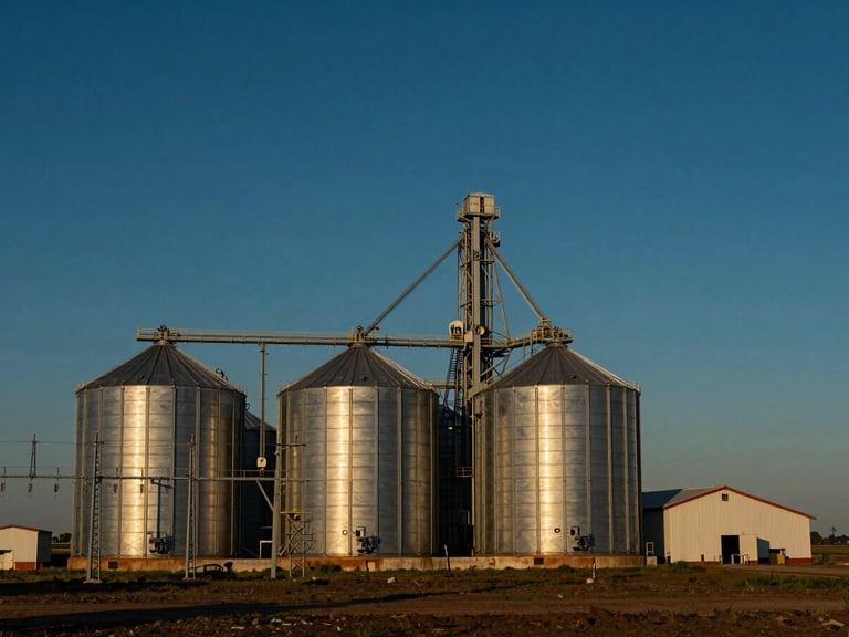 Wide environmental shot of large grain storage silos and a drying facility on a Brazilian farm at dusk, electrical infrastructure visible in foreground, warm golden light on the silos, deep navy sky, crisp corporate photography