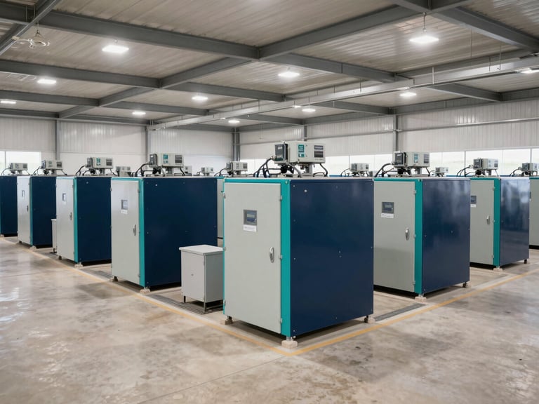 Wide interior shot of a modern Brazilian poultry facility, rows of ventilation equipment and electrical panels visible, clean neutral lighting, no workers, industrial agricultural environment, 35mm corporate photography