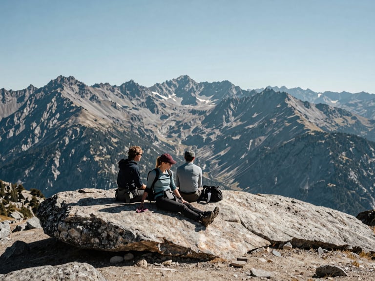 Wide panoramic mountain landscape at high altitude: a group of three hikers resting on a flat boulder at approximately 2,800 m, distant peaks visible behind them, strong midday light casting short shadows, documentary framing with figures off-centre to the right