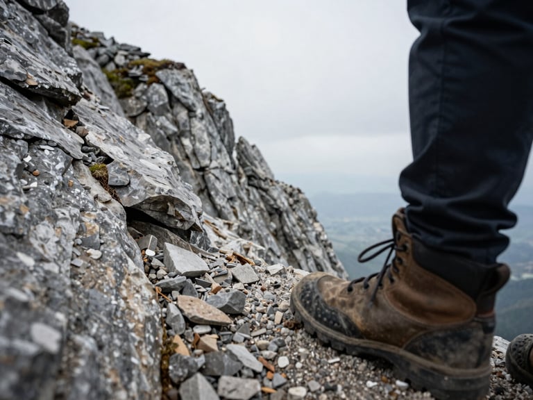Close documentary shot from behind: hiker's boot placed on loose scree near a steep drop, rocky ridge visible ahead, flat overcast light, no horizon enhancement, texture of stone and worn boot leather sharp in frame