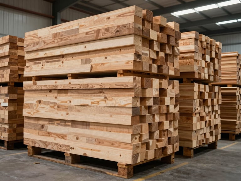Wide environmental shot of stacked industrial hardwood components in a warehouse at working scale, bundles of cut timber on pallets under bright even overhead light, no people, no text