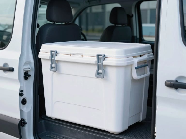 Clean white medical transport cooler secured in a modern white transit van, crisp morning light, cool blue and white tones, sharp focus, editorial depth of field
