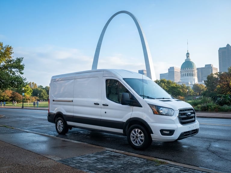 A clean white modern transit van parked near a St. Louis landmark in soft morning light, crisp commercial photography, cool blue tones, sharp focus.