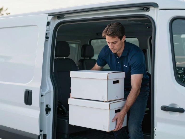 Professional driver securing light freight boxes in a modern white transit van, crisp morning light, cool blue and white tones, sharp focus, editorial depth of field
