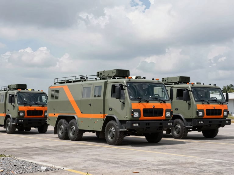 Fleet of tactical logistics vehicles in a staged deployment area under overcast daylight, high-contrast, cool desaturated tones with safety orange markings, sharp focus, 35mm lens.