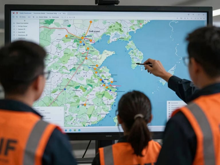 Medium shot of personnel reviewing a large digital map displaying real-time asset tracking across the Gulf Coast, high-contrast directional sunlight.