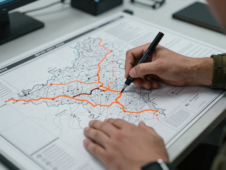 Close-up of hands on a tactical planning board with maps and markers, focused on a specific region, cool-toned office interior lighting, high-contrast, sharp focus, 35mm lens.