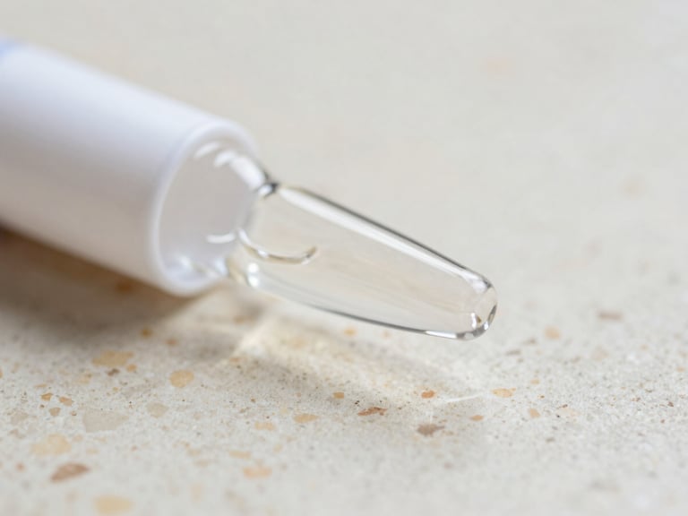 Close-up detail shot of a pristine glass vial reflecting soft daylight on a warm travertine surface, shallow depth of field, 35mm