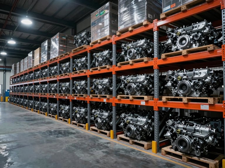 Wide environmental shot of massive warehouse racks filled with heavy-duty refurbished OEM engines, dramatic overhead industrial lighting, cool metallic tones with safety orange accents, sharp focus, 35mm.