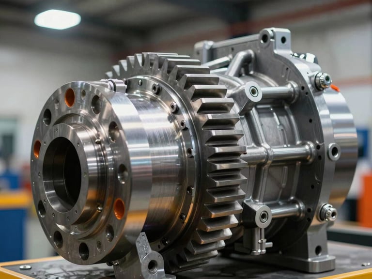 Close-up macro shot of a clean, refurbished heavy-duty truck transmission gear assembly, cool metallic steel tones, sharp focus on mechanical teeth, safety orange accent lighting.