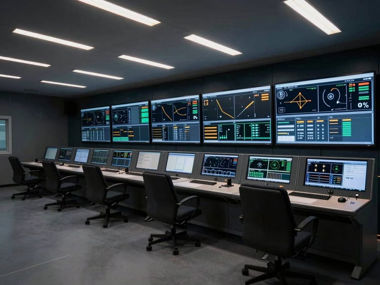 Wide environmental shot of a modern industrial control room, low-key operational lighting, large telemetry displays showing real-time data, 35mm lens.