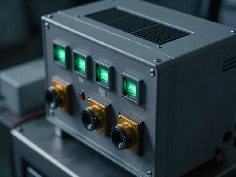 Close-up of industrial processor unit inside a ruggedized enclosure, cool slate tones, sharp green status-indicator highlights, dramatic low-key lighting.
