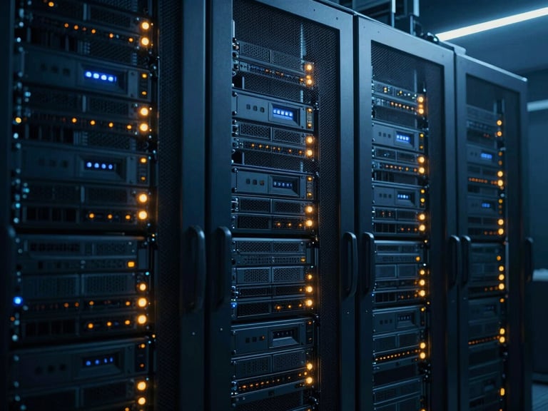 High-security server room with cool blue operational lighting, rows of secure server racks, sharp amber indicator lights, cinematic technical photography.