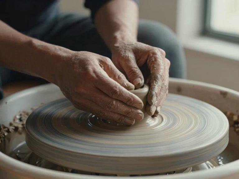 Macro shot of a potter's hands shaping raw clay on a wheel, soft natural light, warm muted tones, cinematic 35mm film grain.