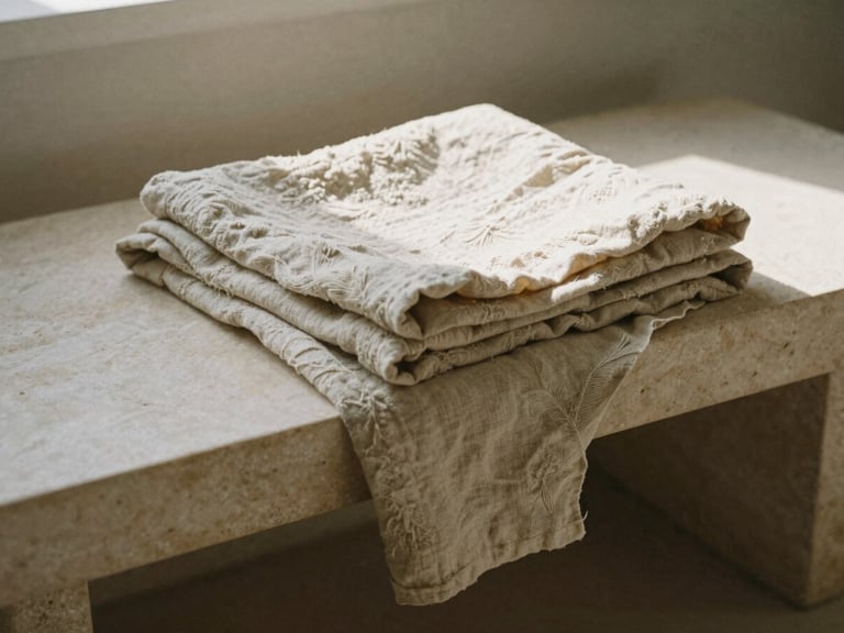 Soft folded natural linen fabric draped over a minimalist stone bench, warm morning light, gentle shadows, 35mm film grain.