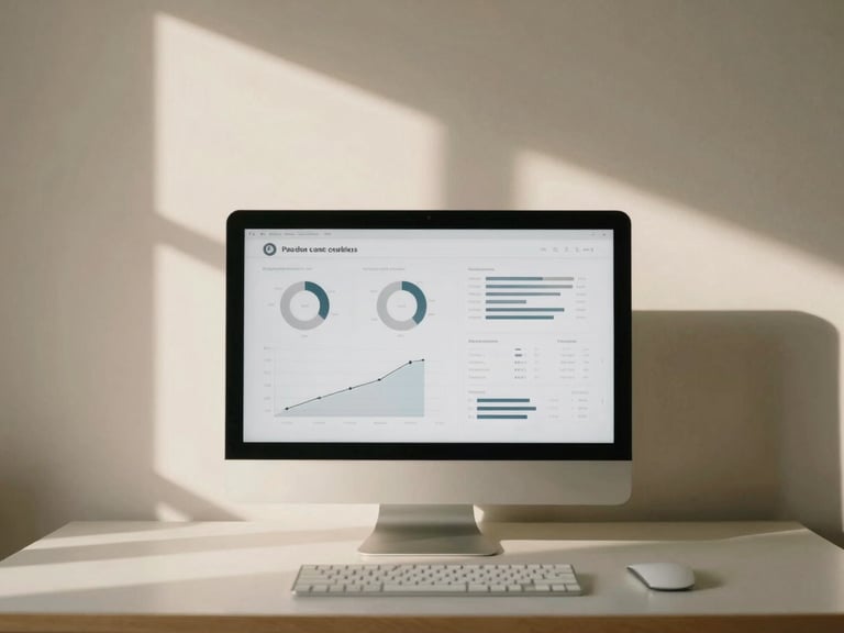 A stark minimalist workspace setup with a clean physical screen displaying elegant analytics, soft directional window light casting long shadows on a warm cream wall, 35mm film grain.