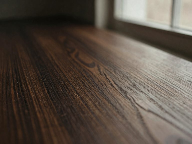 Macro shot of dark stained oak wood grain, warm directional window light, minimalist composition, 35mm film grain.