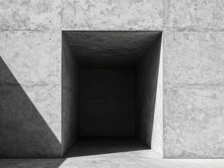 Stark minimalist architectural photography of a raw concrete structure, sharp geometric shadows cast by harsh midday sun, perfect symmetry, high contrast monochrome tones, 35mm lens.