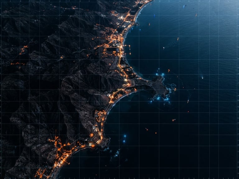 Ultra-wide satellite view of a coastal border region at night, dark high-contrast topography with sparse orange city lights, cool blue ocean, tactical overlay grid lines, 35mm