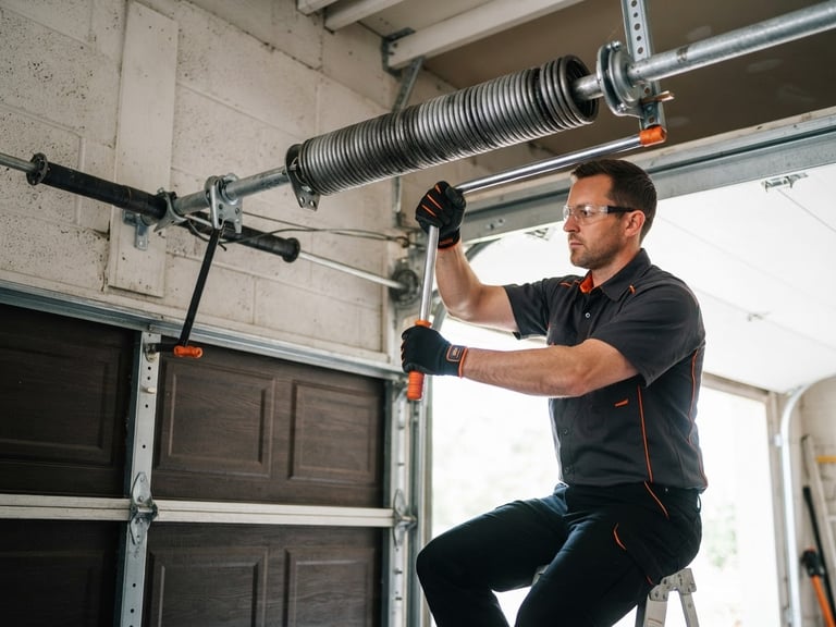 Crisp industrial photography of a technician adjusting a massive steel torsion spring on a residential garage door, bright natural daylight, high contrast charcoal and orange tones