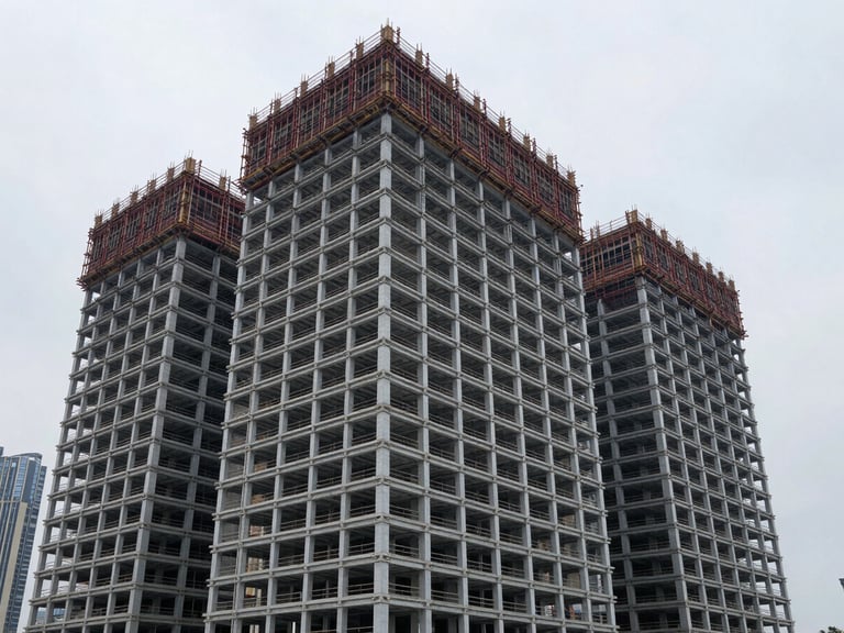 Wide-angle architectural photograph of a modern commercial building under construction in a dense urban environment, steel skeleton visible, crisp overcast daylight, high-contrast cool tones, sharp focus, 35mm